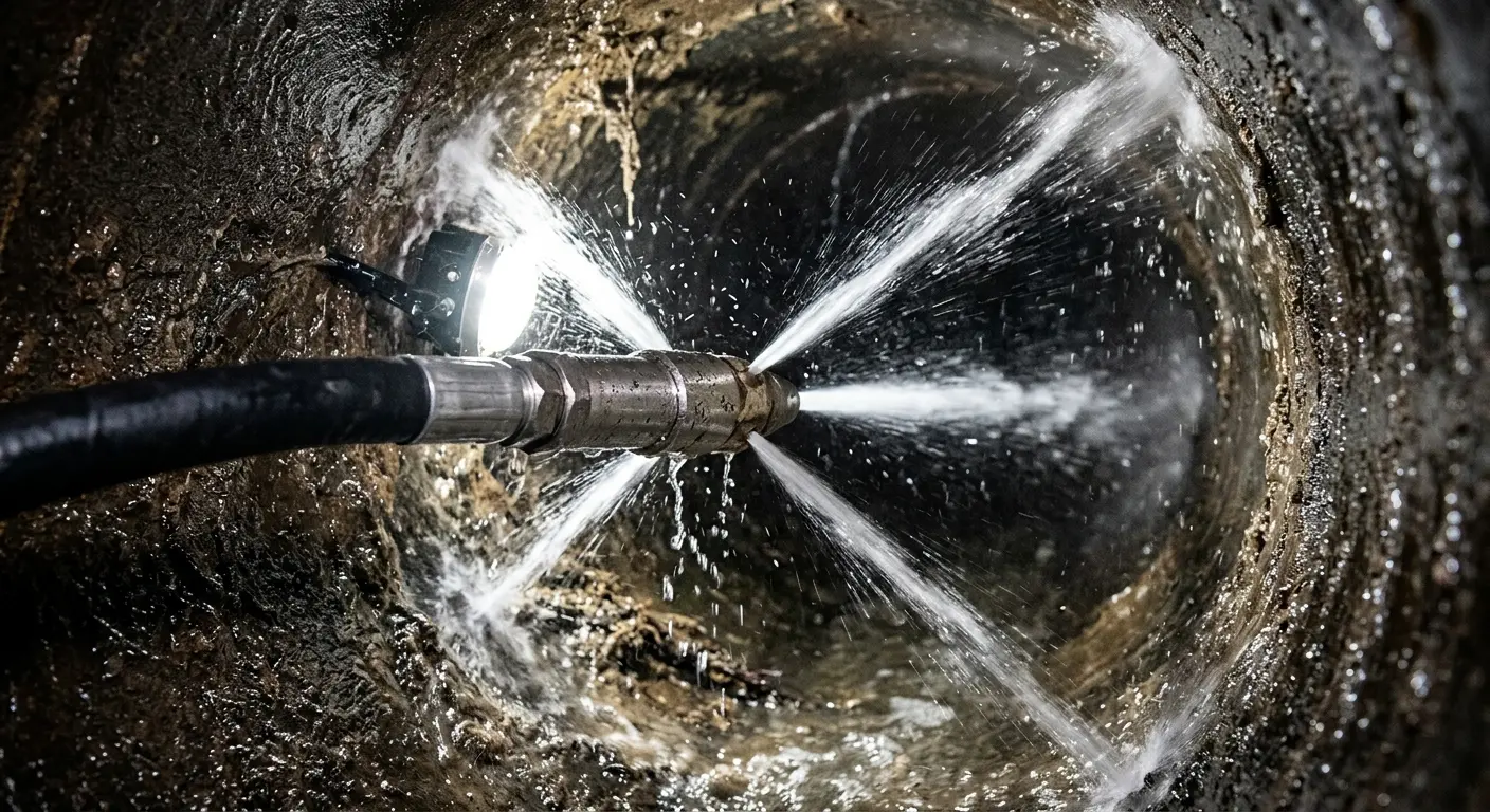 High-pressure hydro jetting nozzle cleaning sewer pipe for Emergency Drain Service in Southampton