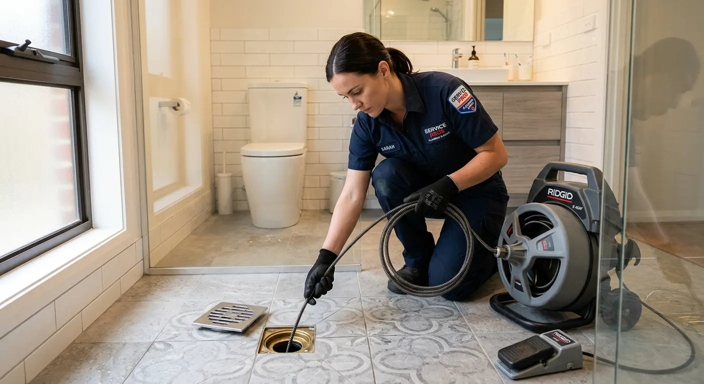Technician clearing a bathroom floor drain for Hydro Jetting in Southampton